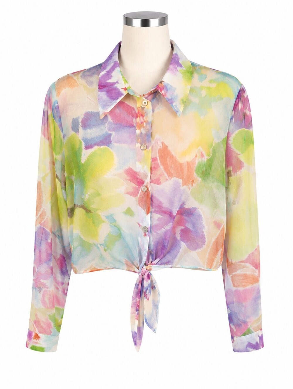Zara Multicolor Sheer Tie Front Cropped Button Down Shirt Sz M Casual Artsy